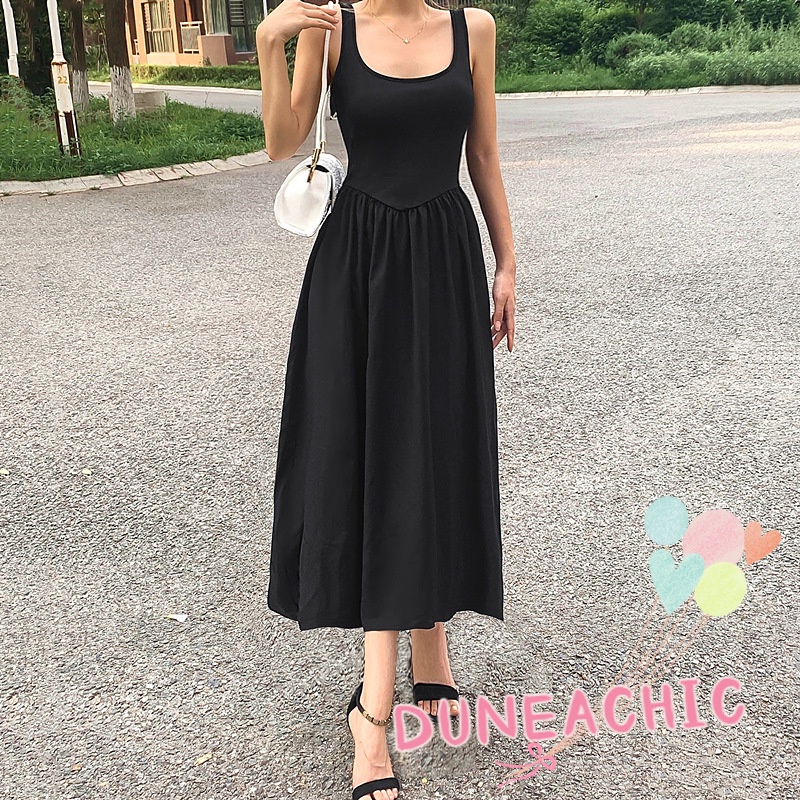 Đầm Sát Nách Cổ Chữ U Xếp Ly Màu Trơn Thời Trang Cho Nữ