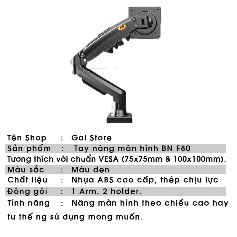 Arm màn hình - Tay nâng màn hình NB F80 17 - 30 inch Xoay 360 độ Tải trọng 9Kg Phiên bản 2021