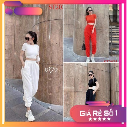Sét bộ ❤❤𝙭𝙖̉ 𝙠𝙝𝙤 𝙨𝙞𝙚̂𝙪 𝙧𝙚̉ ❤❤3 màu áo thu tay ngắn có dây kéo & quần thun dài thời trang nữ