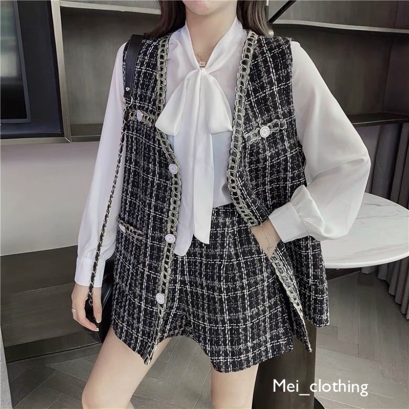 [ Ảnh thật/video] Set dạ tweed 3 món gồm quần short, áo gile và sơmi sang chảnh