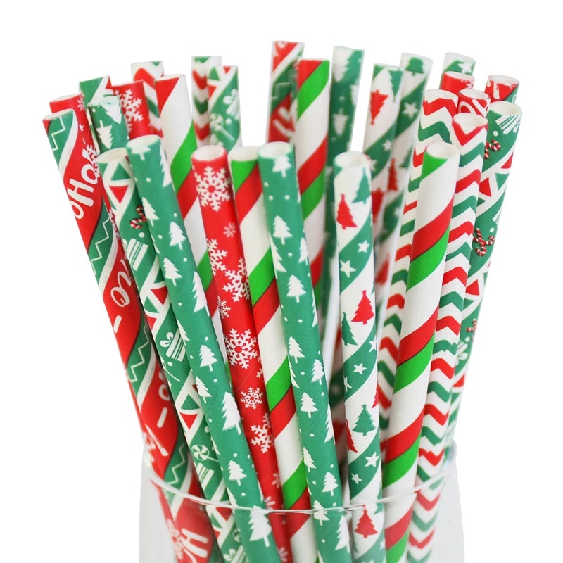 Set 25 ống hút giấy họa tiết giáng sinh dùng 1 lần tiện dụng