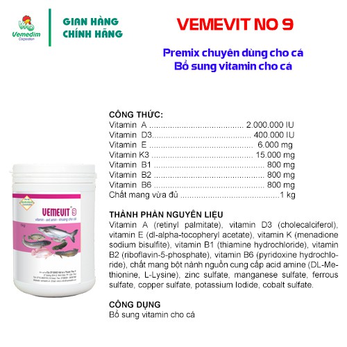 Vemedim Vemevit No. 9 cao cấp dùng trộn thức ăn bổ sung vitamin cho cá, lon 1kg