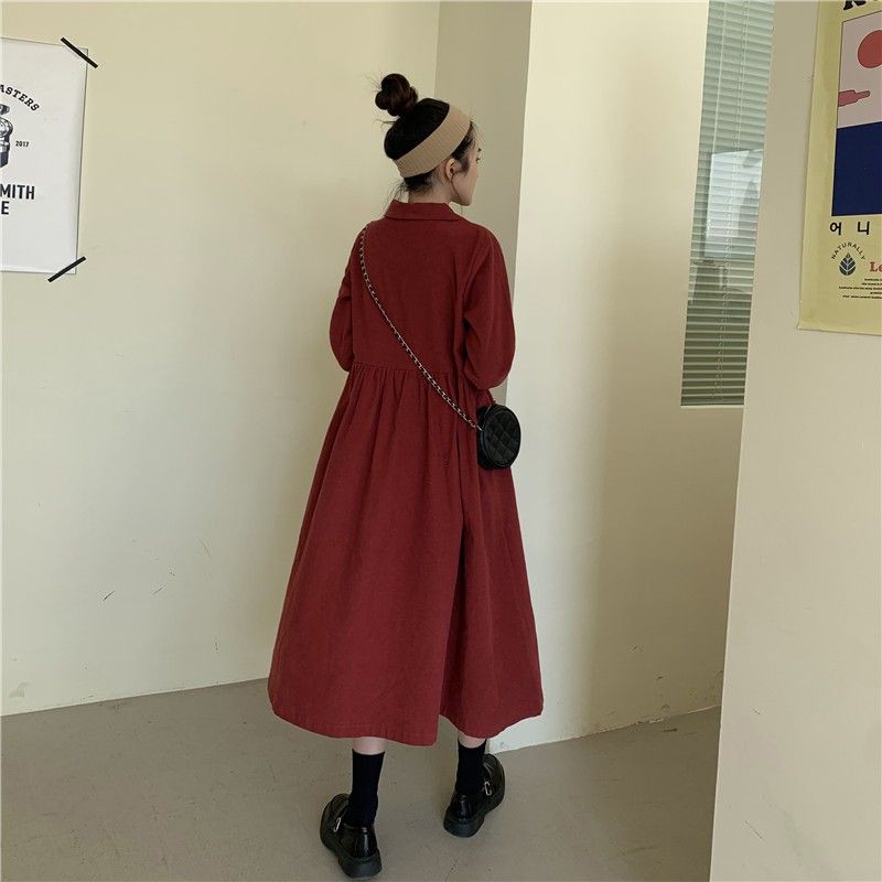 [ORDER] váy đầm liền đỏ dáng dài nhung tăm cực xinh Hàn Quốc (Quảng Châu loại 1)