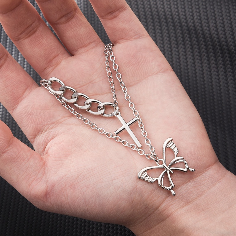 Vòng Cổ Nhiều Lớp Mặt Hình Bướm / Thánh Giá Bằng Kim Loại Phong Cách Hip Hop Punk Gothic Thời Trang Cho Nữ