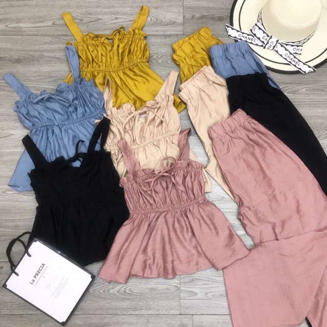 Set đũi áo dây rúm ngực bèo quần ống rộng