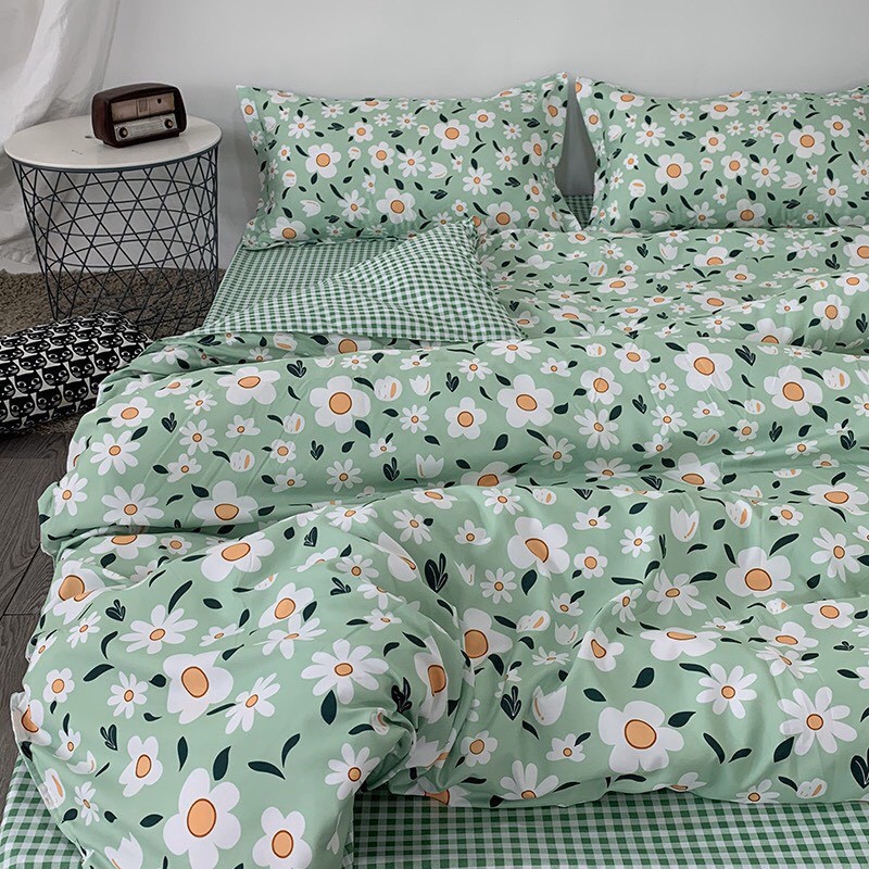 Bộ Chăn Ga Gối Cotton Poly Hoa Xanh