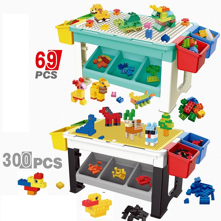 ❤ Kids Activity Table With 69/300 Pcs Big Building Blocks Compatible Dupoled Educational Children Table Large Block Toys For Girl Boy