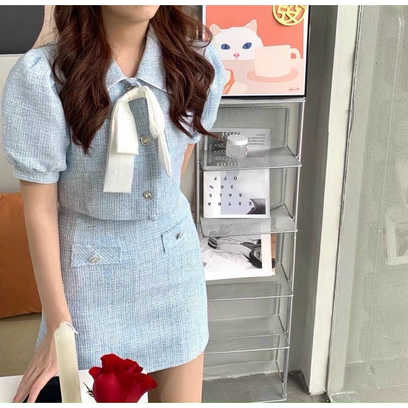 Set áo dạ 2 món: khoác dạ + chân váy xếp ly