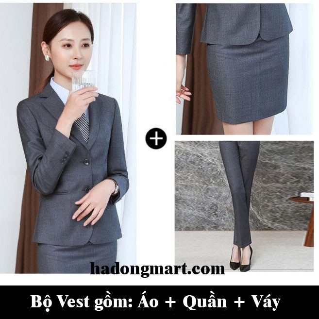 Bộ vest cho nữ quản lý nhà hàng khách sạn bao gồm áo và quần và váy (Hà Đông Mart)