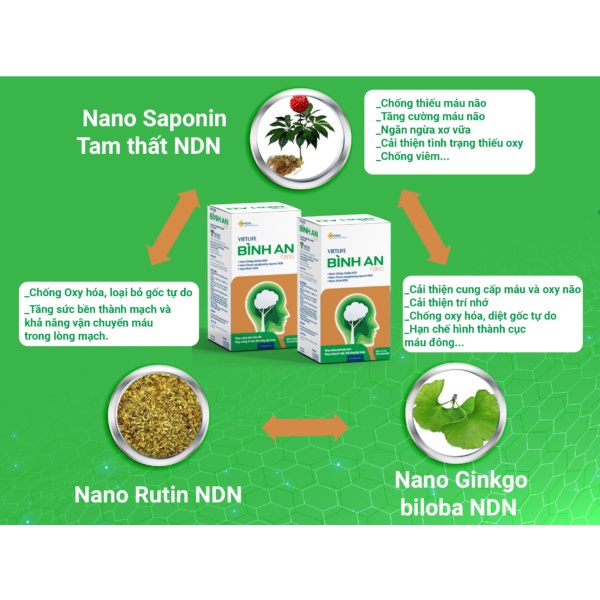 Viên bổ não Vietlife Bình An - Giúp hoạt huyết ,Tăng cường lưu thông máu não ,Hỗ trợ phục hồi sau tai biến Hộp 30 viên