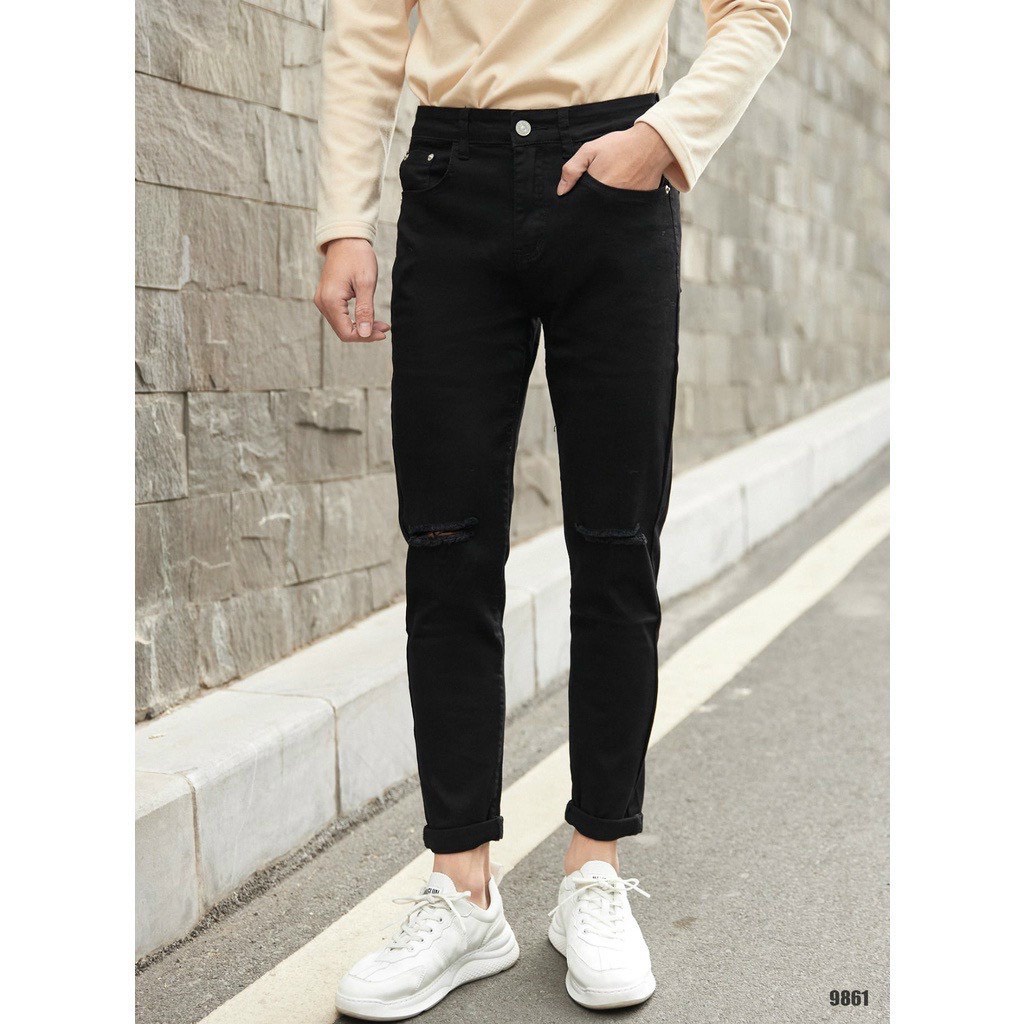Quần jean nam rách gối màu đen chất bò cao cấp co dãn 4 chiều cực đẹp from dáng skinny đẹp CAROLLSTORE T01