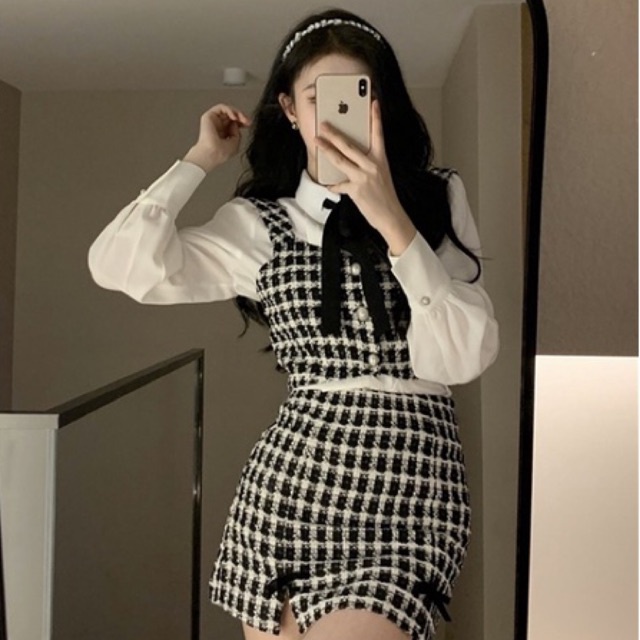 (SẴN - TẶNG KÈM NƠ VẢI) Set áo sơ mi Hàn Quốc + yếm hai dây + chân váy dạ tweed phong cách tiểu thư