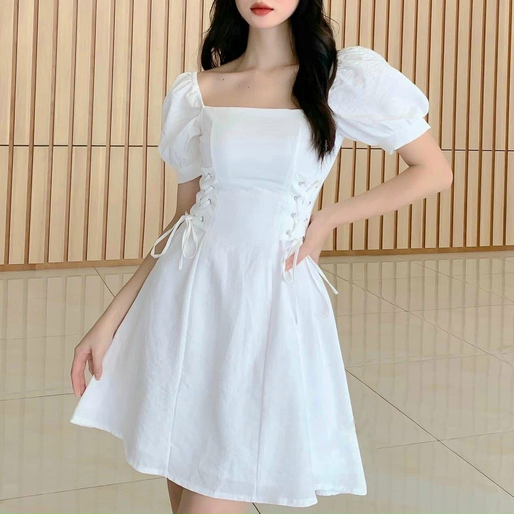 Váy đầm nữ dáng xòe cổ vuông tay phồng đan dây ở eo