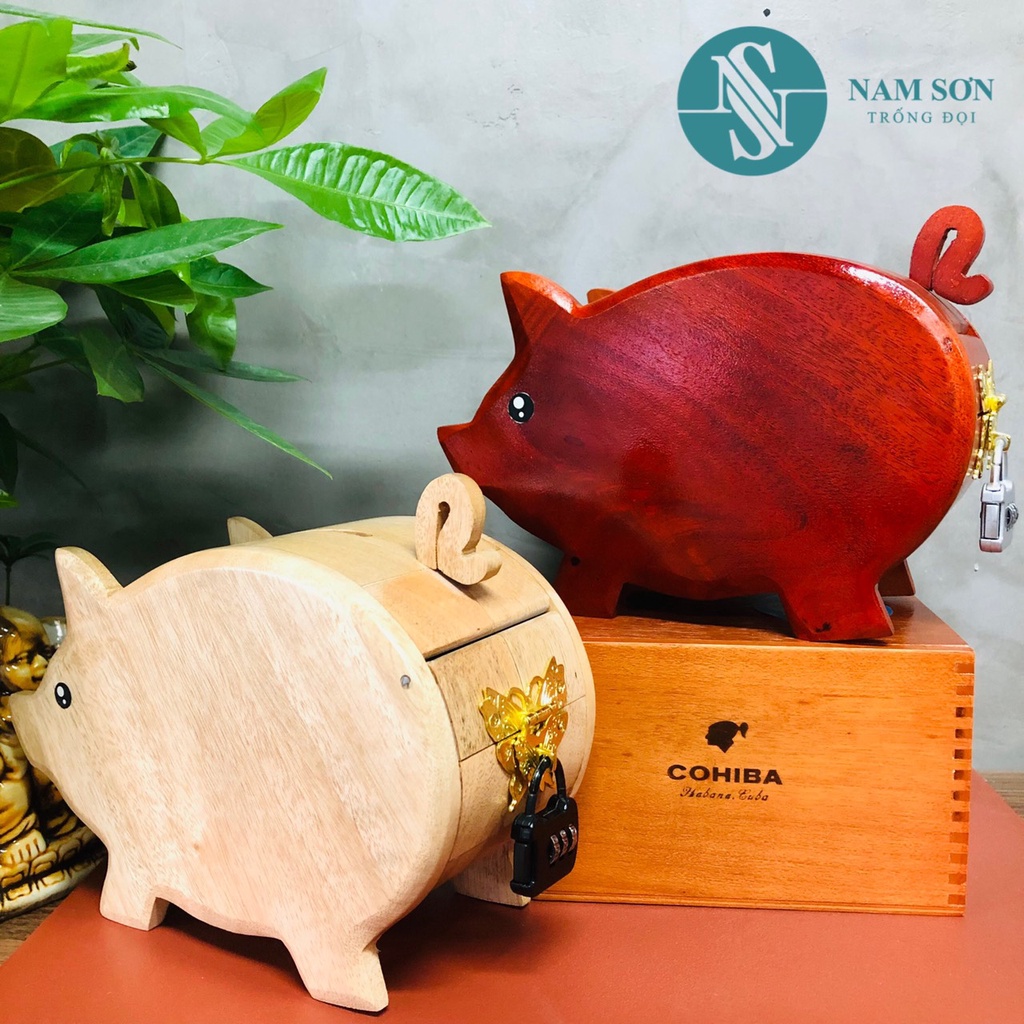 Heo/Lợn Tiết Kiệm bằng gỗ tự nhiên, có khoá mật mã