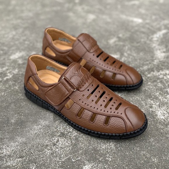 Giày rọ nam da bò cao cấp nguyên tấm đế khâu Giầy mùa hè đục lỗ thoáng khí đẹp mẫu mới H-1 màu nâu Men’s Summer Shoes