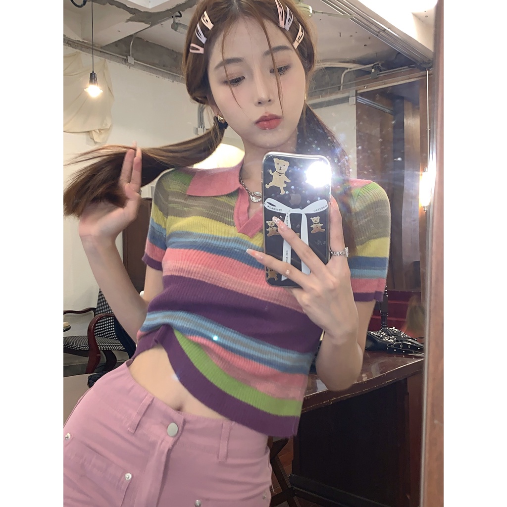 Porozi  Áo polo  ngắn tay họa tiết kẻ sọc thời trang Hàn Quốc cho nữ