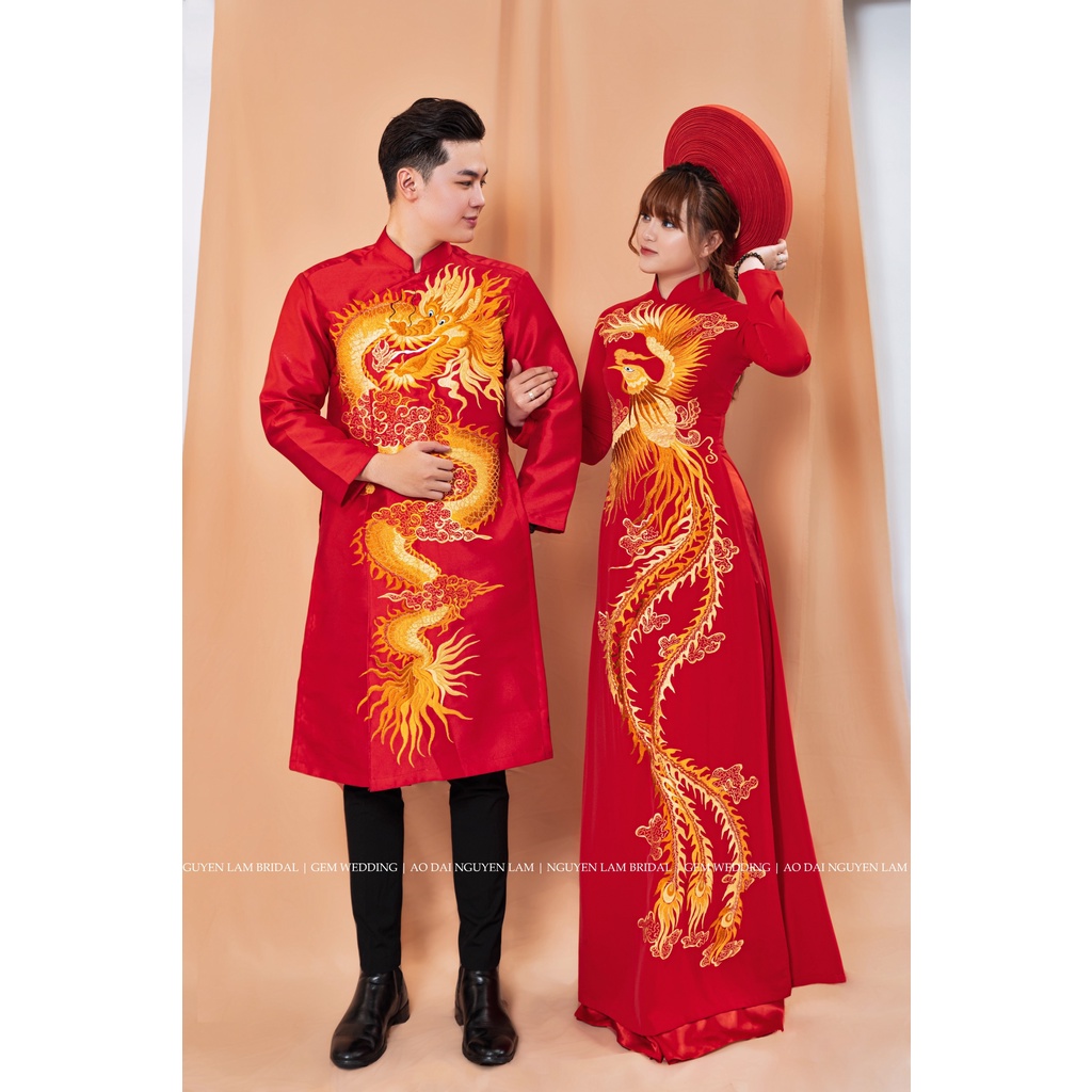 ÁO DÀI CƯỚI THÀNH HÔN CẶP NAM NỮ , HỌA TIẾT THÊU RỒNG PHỤNG CAO CẤP  | AODAINGUYENLAM