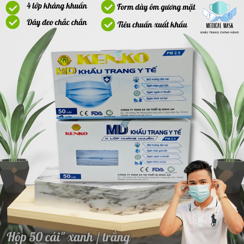 hộp 50 cái khẩu trang y tế KenKo 4 lớp kháng khuẩn cao cấp hai màu xanh | trắng chính hãng