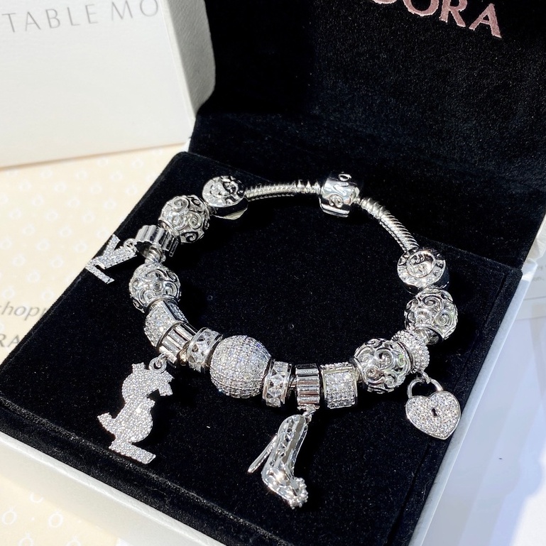 Vòng tay nữ charm pandora xi bạch kim full charm đính đá cao cấp Ròm House full hộp - ms3404203