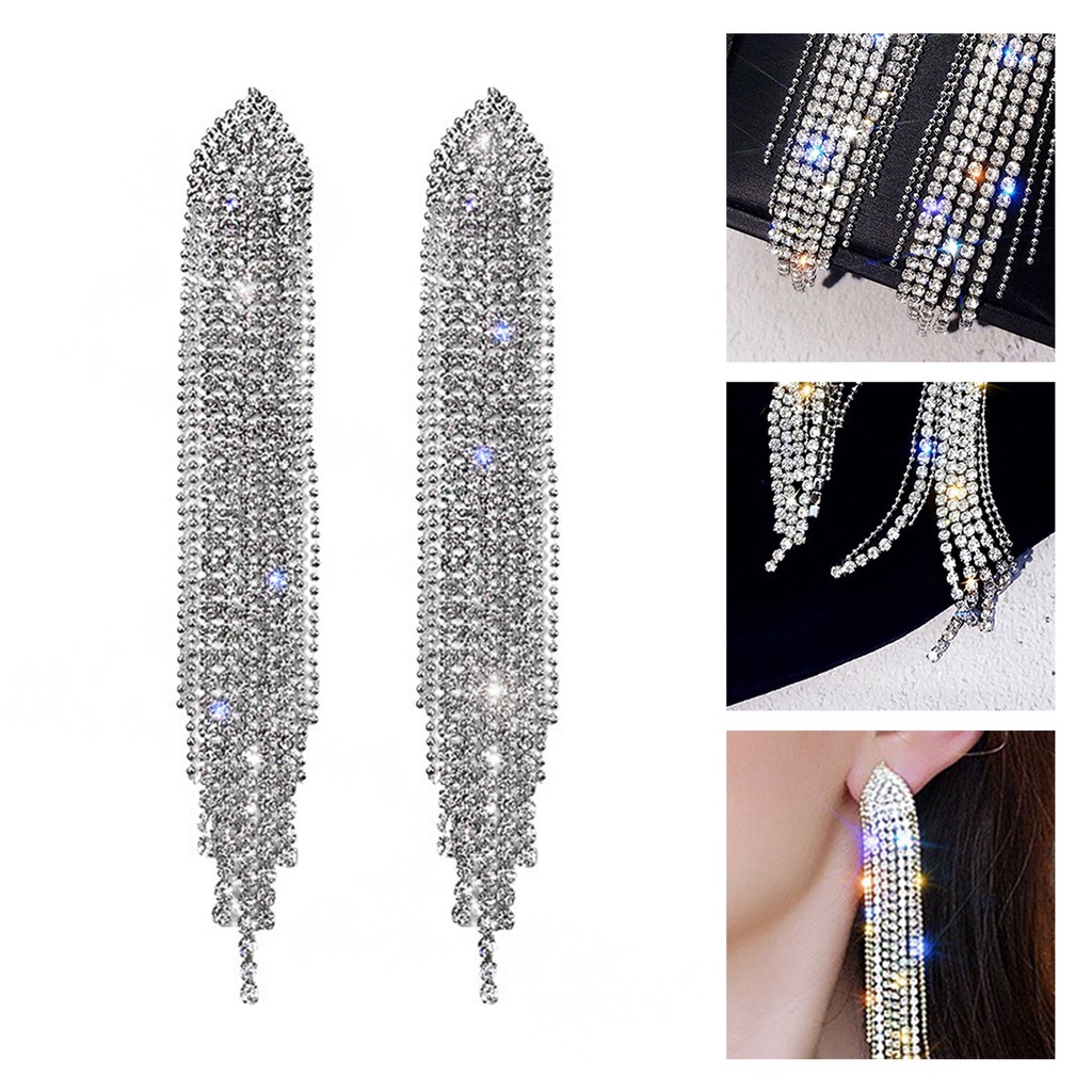 Ở stcok| 1 Đôi Bông Tai Dáng Dài Đính Đá Phối Tua Rua Thời Trang Cho Nữ