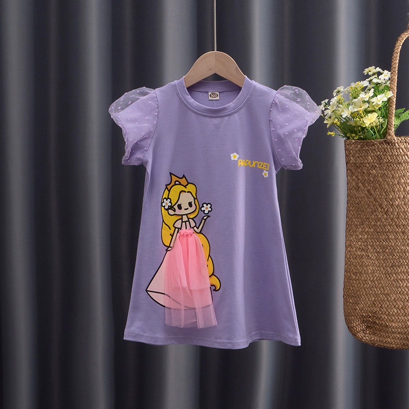 Váy cotton tay phồng ngắn in hình công chúa