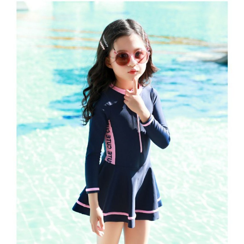 Đồ bơi kiểu váy dài tay dễ thương cho bé gái kèm quần rời lót trong tiện lợi màu hồng phấn, xanh đậm rất đẹp