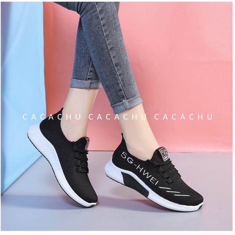 Giày thể thao nữ sneaker đẹp hot 2021 thêu 5G Hwei chạy bộ CACACHU G009, đế siêu êm thoáng khí 2 màu đen be thời trang