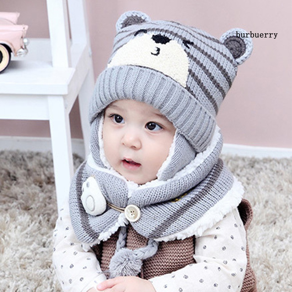 Bộ mũ khăn choàng và chụp tai dệt kim gân sọc họa tiết gấu hoạt hình ấm áp mùa đông dành cho bé trai và bé gái