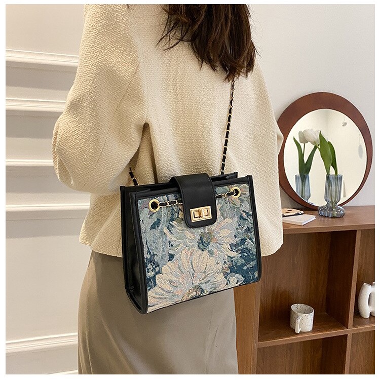 Túi đeo vai JASMIN NOIR vải canvas họa tiết hoa thiết kế vuông lớn hợp thời trang cho nữ