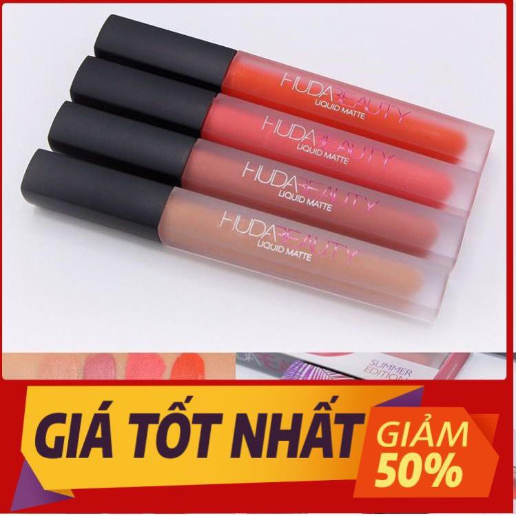 Set 4 son môi kem lì huda beauty liquid matte đẹp cao cấp loại tốt nhất màu hồng đỏ trầm