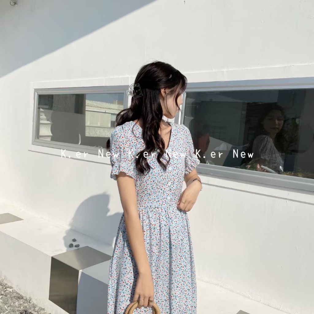 Váy hoa nhí cổ V tay chun dáng dài qua gối VKE1017 Ulzzang style🌻 Hàng Quảng Châu!!!