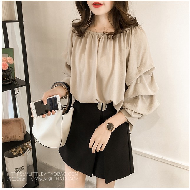 Áo chiffon công sở cổ thuyền tay dài phong cách Hàn Quốc