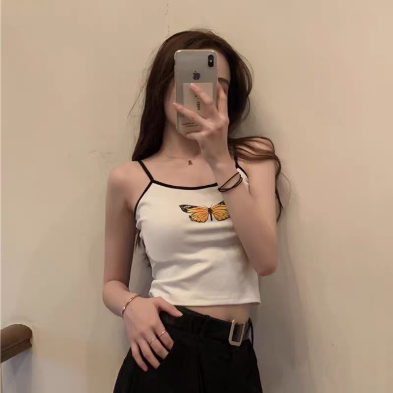 Áo croptop hai dây phối họa tiết bươm bướm phong cách Jennie BlackPink