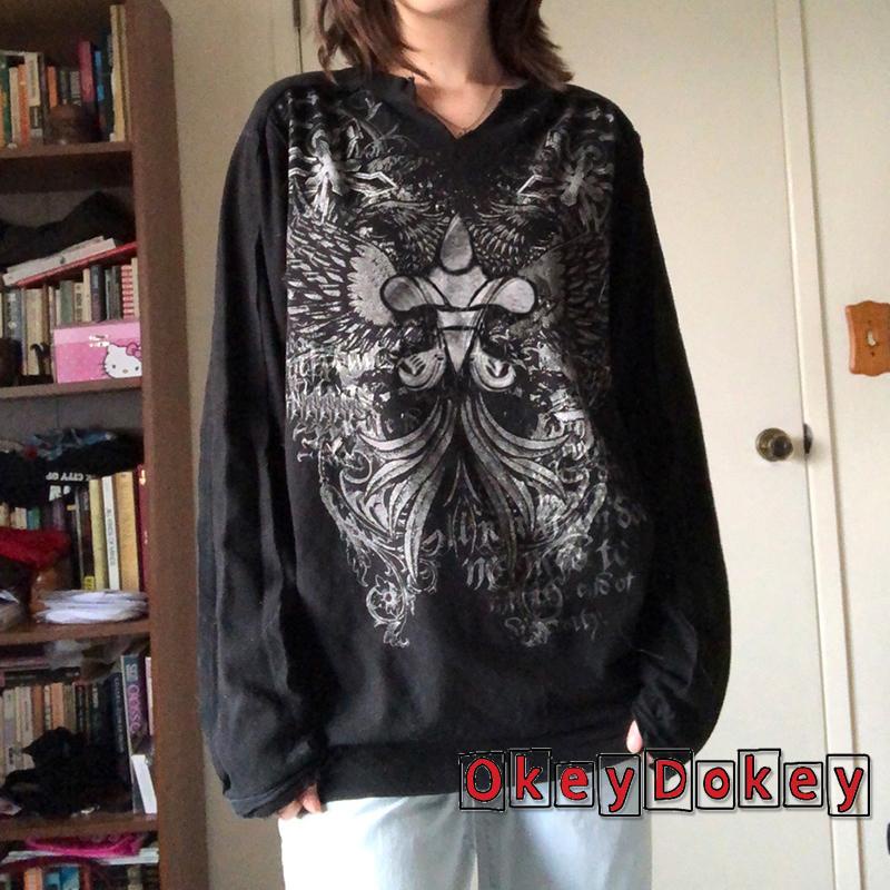 OKDK-y2k Women Print V-Neck Long Sleeve T-Shirt Blouse