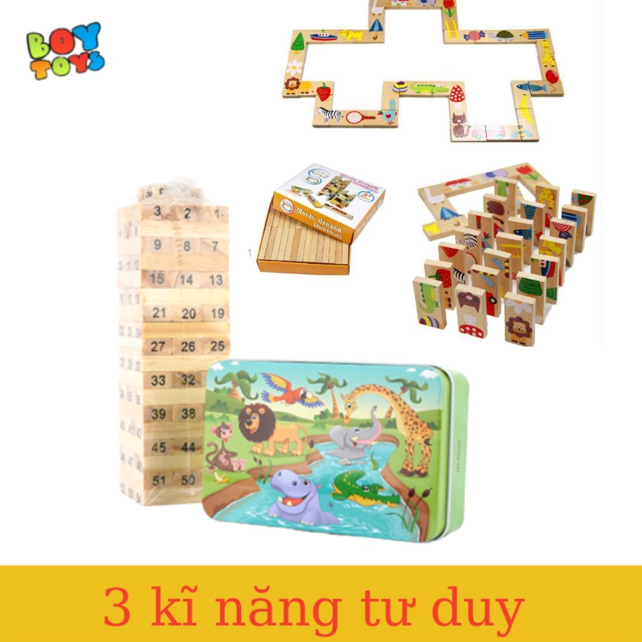 Combo 3 đồ chơi trí tuệ cho trẻ em Domino tìm cặp, rút gỗ, tranh ghép câu đố Puzzle kích thích trí thông minh cho trẻ