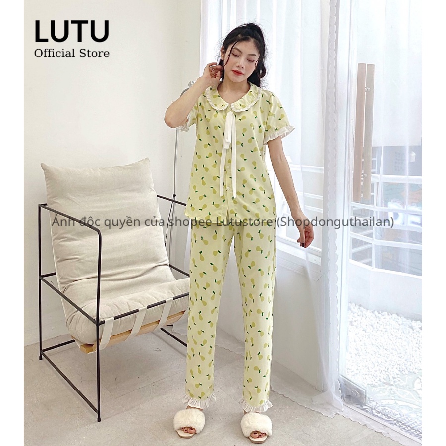 Bộ Ngủ Pijama Phối Nơ Bèo Tay Ngắn Quần Dài Họa Tiết Dễ Thương Thiết Kế Cao Cấp Phong Cách Tiểu Thư