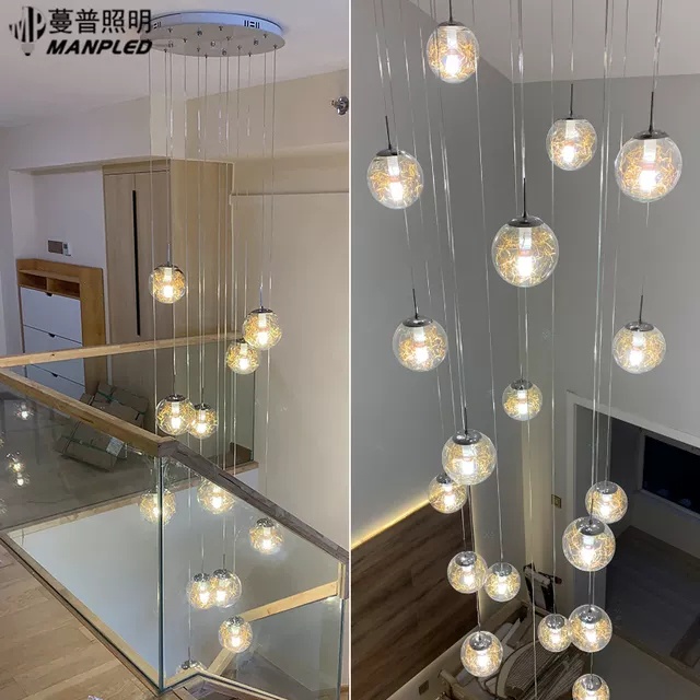 Đèn thả thông tầng đính hạt phale trong chao thủy tinh, đèn thả cầu thang, trang trí bàn ăn HTK 018