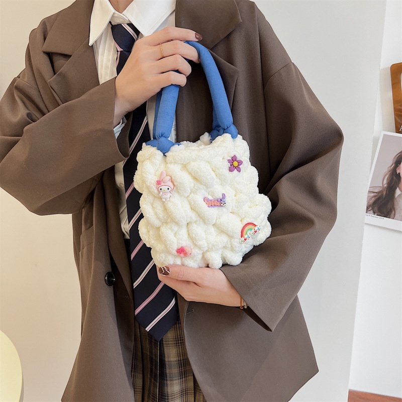 Túi Đeo Chéo Cotton Dệt Tay Hình Gấu/Dâu/Đám Mây Màu Trơn Đơn Giản Thời Trang Thu Đông