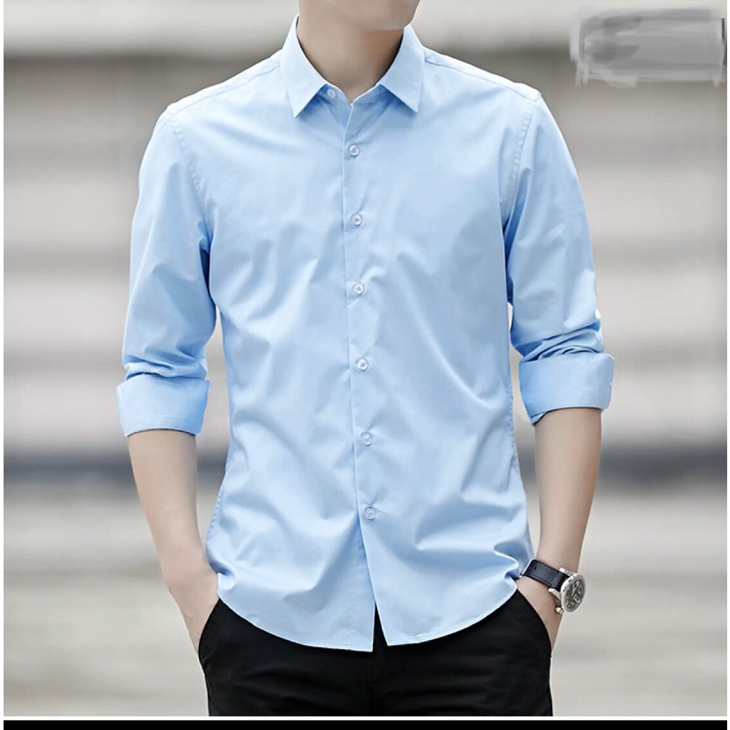 Sơ mi nam dài tay màu xanh lam hoàng hôn vải cotton lụa mịn mát chống nhăn dáng Hàn Quốc