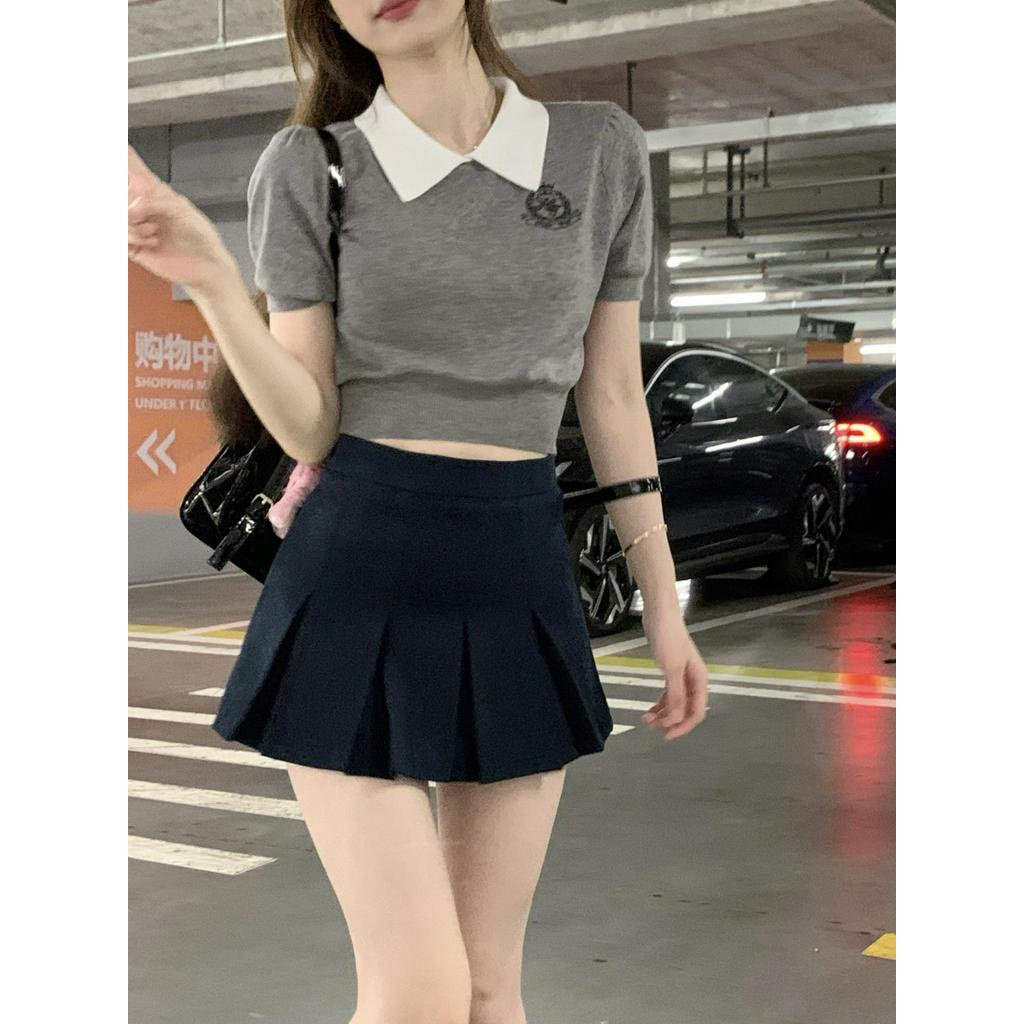 Áo Thun Dệt Kim Mỏng Cổ Mép Lật Ngắn Tay Thời Trang Mùa Hè Dành Cho Nữ 6347