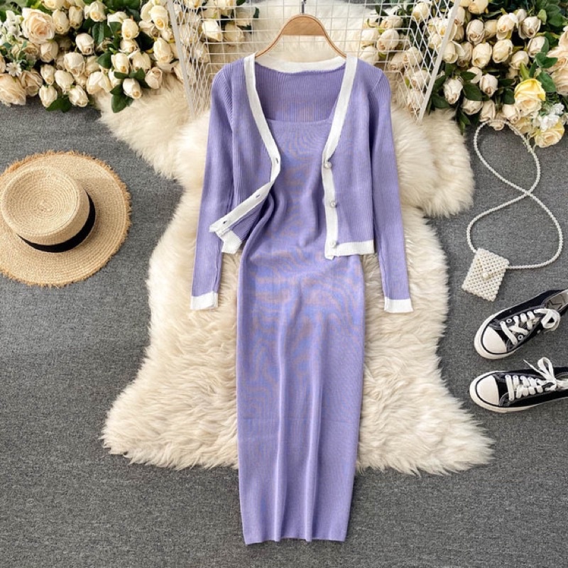 Set đầm kèm khoác, đầm dây phối khoác viền trắng chất vải thun gân