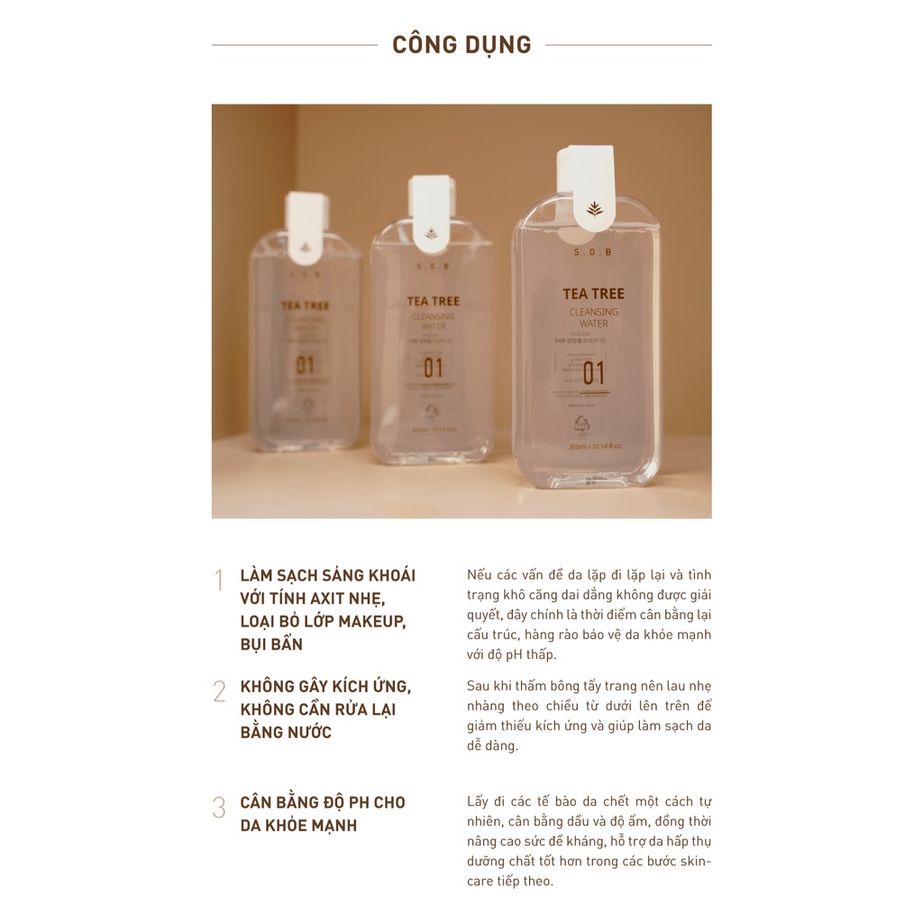 Nước Tẩy Trang Làm Sạch Và Giảm Mụn 01 S.O.B Tea Tree Cleansing Water 300ml