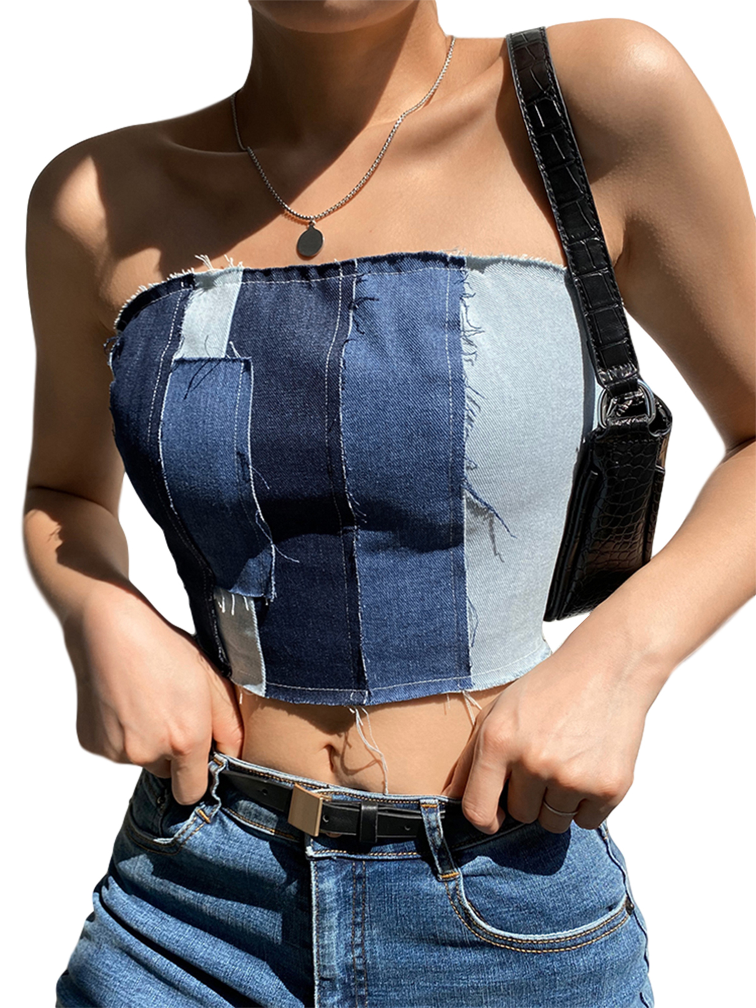 Áo croptop denim thiết kế dây đan chéo lưng thời trang dành cho nữ