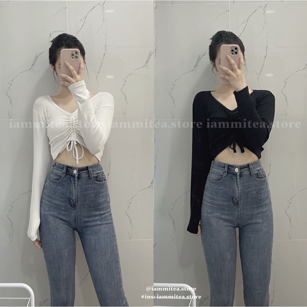 Enly Top - Áo thun co giãn dài tay có dây rút ngực tôn eo