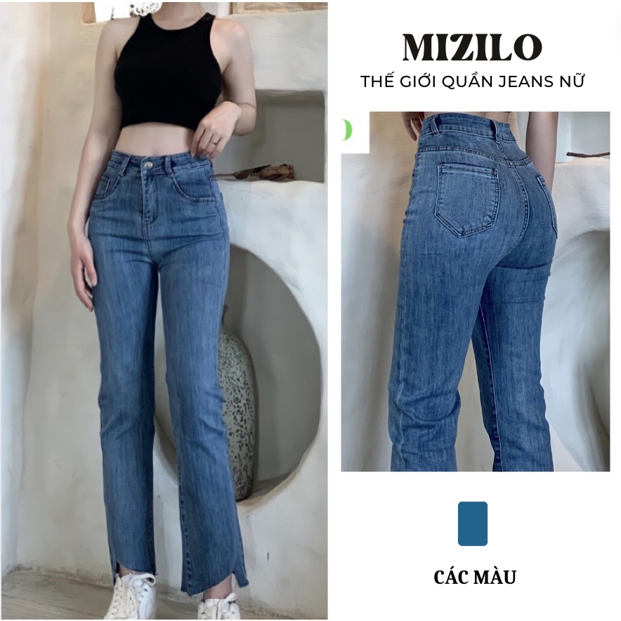 Quần jean nữ ống đứng, quần bò nữ ống đứng suông co giãn sẻ gấu, jeans cạp cao co giãn 4 chiều màu xanh 349. Ảnh thật.