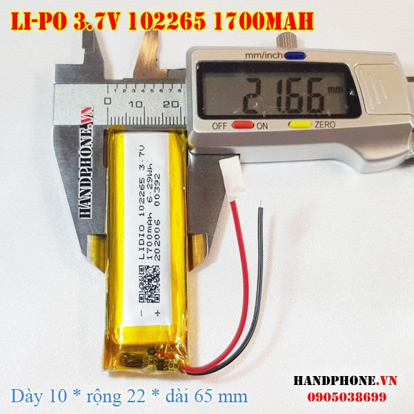 Pin Li-Po 3.7V 1700mAh 102265 (Lithium Polymer) cho loa Bluetooth, Camera Hành Trình, Thiết bị Y Tế, bàn phím Bluetooth