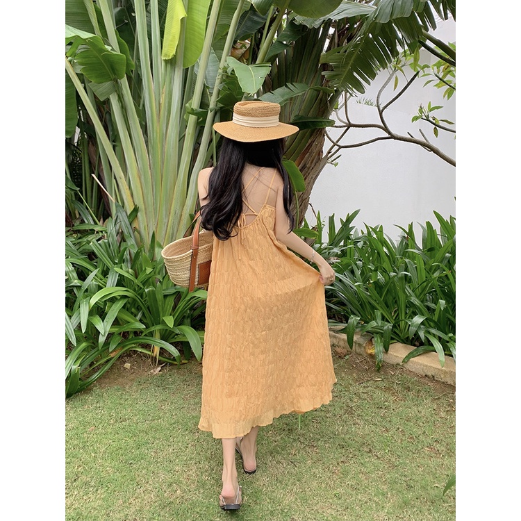 [Augustcloth] Đầm/ Váy đi biển xếp ly nhỏ 2 dây hở lưng phong cách Hàn Quốc