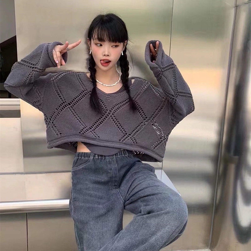 Áo Sweater Dệt Kim Cổ V Dáng Ngắn Thời Trang Mùa Thu Cá Tính