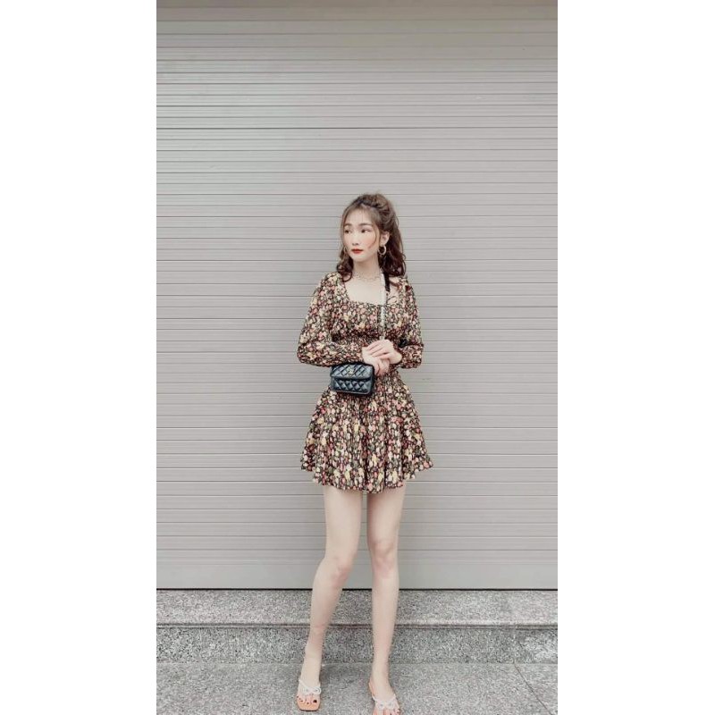 Váy hoa bo chun eo cổ vuông sexy dáng ngắn nhiều màu | BigBuy360 - bigbuy360.vn