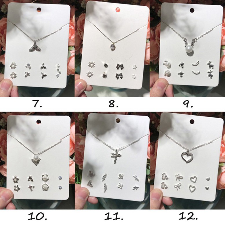 Set dây chuyền + hoa tai bạc sterling đính đá zirconia mặt hình cỏ 4 lá/trái tim/ngôi sao/thánh giá/hình học